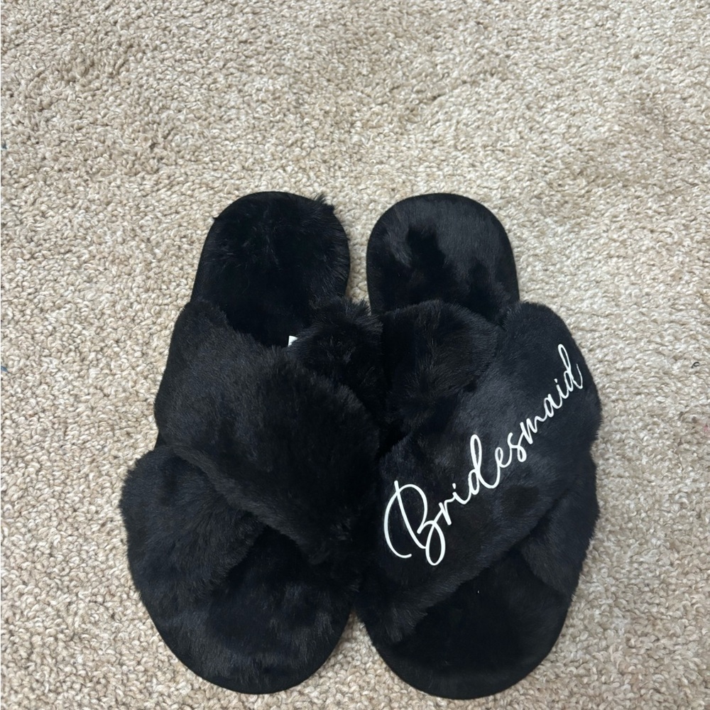 Black Cross Strap Fluffy Bridesmaid Slippers, size 7/7.5, New, customizable